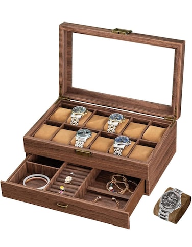 Luxury 12-Slot Watch Box and Jewelry Organizer   Solid Walnut Wood Storage with Glass Display Lid &amp; Drawer for Watches,  Rings, Necklace &amp; Accessories