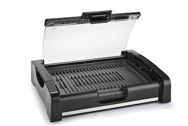 Electric Griller 1600W Berbeque Adjustable Thermostat Non Stick Smokeless Electric Grill Indoor With Glass Lid Overheat Protection &amp; On Indicator Light, Black