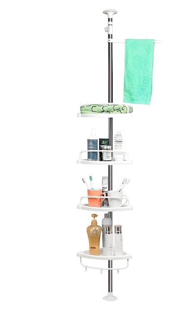 Kitchen Desk Bathroom Corner Rack, Caddy, Stand With 4 Tier Telescopic Adjustable Organiser No Drilling With Reusable Large Wall Storage For Bathroom & Kitchen