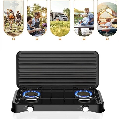 Generic Portable 2 Burner Gas Stove with Cover for Outdoor Camping & Garden Party Cooking Stove, Propane Gas Cooker with Windshield for BBQ, Tailgating, Picnic, and Outdoor Events