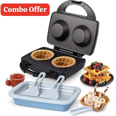 2 in 1 Ice Cream Waffle Cone Maker &amp; Ice Cream Maker Tray Combo &ndash; Electric Belgian Waffle Maker  + Instant Ice Cream Roll Tray &ndash; DIY Frozen Yogurt, Gelato, Sorbet