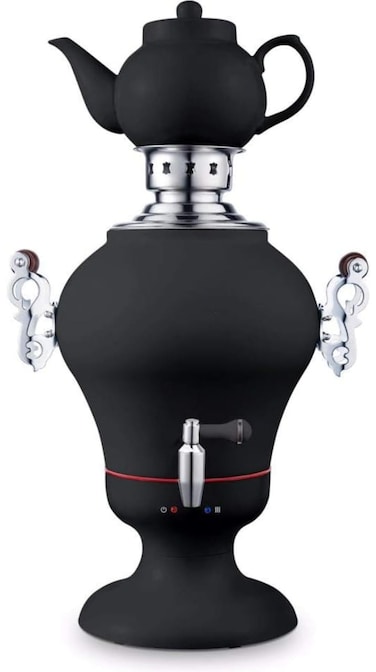 Electric Samovar 2.5L with Elegant Porcelain Tea Pot Black Stainless Steel Hot Water Boiler &amp; Teapot Set, Perfect for Tea Brewing, Home &amp; Office Use