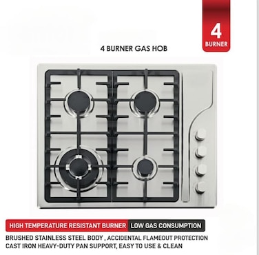 4 Burner Gas Stove Stainless Steel Body with Flame Supervision Device FSD &ndash; Heavy Duty Cast Iron Burners, Blue Flame Ignition, Heat Resistant Cooktop Durable