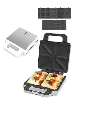 7 in 1 Sandwich &amp; Snack Maker &ndash; Samosa, Donut, Grill, Waffle, Pancake, Nut Maker   Dishwasher Safe, Non-Stick Metal Plates White
