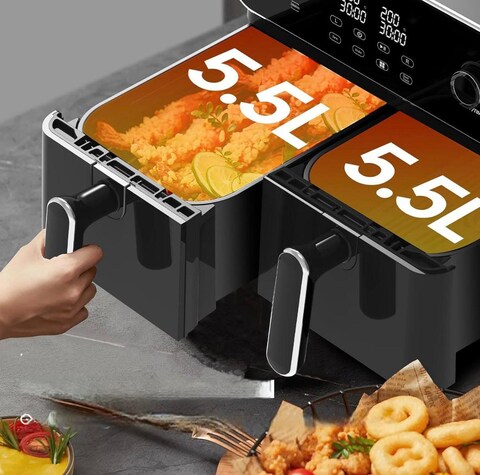 Dealio Dual Basket Digital Air Fryer – 5.5L Dual Capacity, Independently Controlled Chambers, 6 Cooking Programs, LED Display, Air Fry, Bake, Roast Broil, Reheat & Dehydrate & More Black