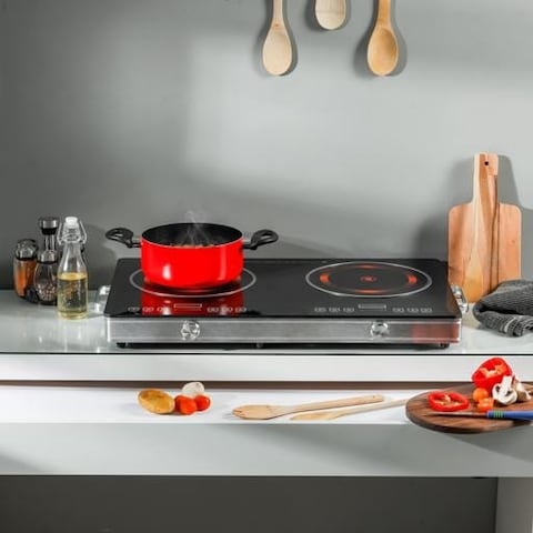 Kitchen Desk Double Infrared Electric Burner Stove High Efficiency Electric Hot Plate, 8 Power Levels, Digital Touch Control, Dual Heating Zones, Compact & Portable Cooktop for Home & Travel