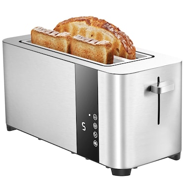 4 Slice Toaster with Extra-Wide Slots &ndash; Adjustable Temperature Control, Defrost &amp; Reheat Functions for Bread, Bagels &amp; Snacks, Stainless Steel Breakfast Toaster 1400W