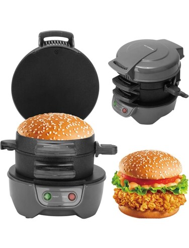 Kitchen Desk Breakfast Electric Burger &amp; Sandwich Maker, Aluminium Nonstick, Indoor Grill with Egg Cooker Ring, Ready in 5 Minutes for Croissants, Mini Waffles &amp; More