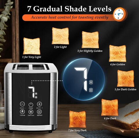 Dealio 2 Slice Bread Toaster with Stainless Steel Body and Digital Display with 7 Gradual Shade Level, Adjustable Browning Control, Quick & Even Toasting for Breakfast, Bagels & More