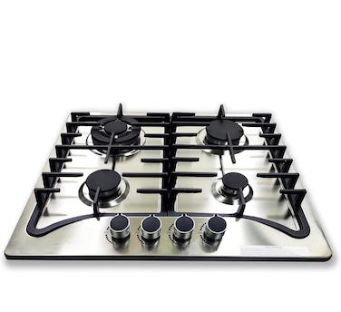 4 Burner Gas Hob Cooker Stainless Steel 60CM, Full Safety Features, Front Control Panel, Cast Iron Pan Stand, Stainless Steel with Brush Finish Heavy Duty