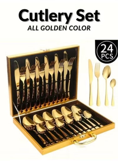 24-Piece Gold Tableware Set - 1010 Stainless Steel Knife Fork Spoon Dinnerware, Cross-Border Gift Box for Home &amp; Gatherings