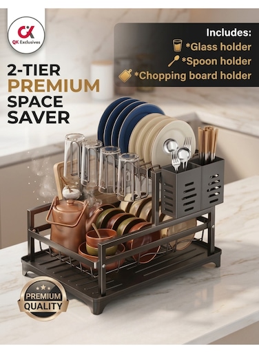 Exclusives - 2-Tier Dish Drying Rack with 360&Acirc;&deg; Rotating Drainer - Stainless Steel Dish Rack for Kitchen Counter - Utensil Holder &amp; Cutting Board Holder &amp; Drainboard Tray, Rotatable Drainage System