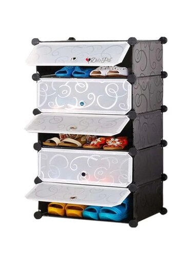Delopik Shoe Rack 5 Cube DIY Plastic Shoes Cabinet with Doors Portable Modular Shoe Storage Organizer Tower Shelf Expandable Shoes Stand Space Saver for Entryway Hallway and Closet -FR 34 (black)