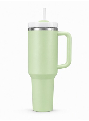 40 Oz Stainless Steel Green Travel Mug With Handle &amp; Straw &acirc;&euro;&ldquo; Vacuum Insulated Tumbler, Leak Resistant Lid, Cup Holder Friendly, BPA Free, Easy Clean Wide Mouth
