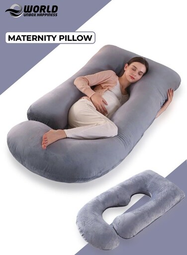 U-Shaped Full Body Pregnancy Pillow for Maternity Sleeping, 145cm Long Body Support Cushion with Soft Removable Grey Cover for Back, Neck, Legs, Hips &amp; Belly Relief