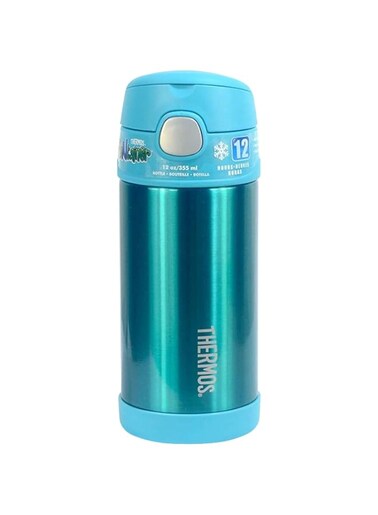 THERMOS - Funtainer Stainless Steel hydration/Straw Water bottle for Kids- Teal   Push button lid with drinking spout   Sweat-proof for dry, happy hands  4 Years+  355 ML