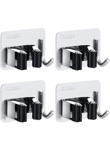 4 Pcs Self Adhesive Broom Holder - Stainless Steel Anti-Rust &amp; Anti-Slip Mop Holder - Broom Holder Wall Mounted for Home, Kitchen, Bathroom, Garden &amp; Garage Storage (Mop Holder Pro)