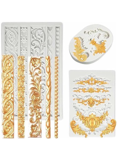Tazweeq 3 Pack Baroque Silicone Molds, Scroll Baroque Clay Fondant Border Mold, Wedding Birthday Cake Decoration