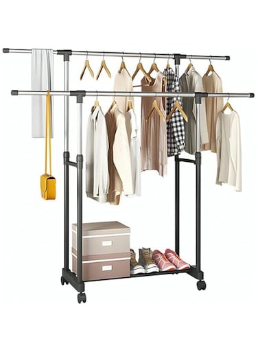 MOTIM Telescopic Clothes Hanger Rack, Multifunctional Clothes Hanger with Shoe Rack Easy Installation Oversized Storage Space Rolling Hanger (Type 2)