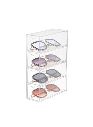 Sunglasses Case Storage Box with 4 Clear Divided Drawers Stackable Sunglasses Organizer Makeup Display Organizer for Sunglasses
