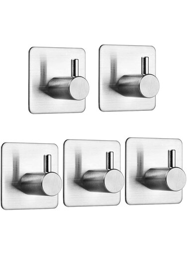 Auxmir Self Adhesive Hooks 5 Pack, Silver Heavy Duty Coat Hooks, Stainless Steel Wall Hooks for Bathroom, Waterproof Tower Hooks, No Drill Glue Needed