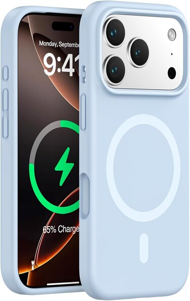 غطاء سيليكون مغناطيسي فاخر لهاتف iPhone 17 Pro Max أزرق سماوي متوافق مع سلسلة iPhone - مقاوم للصدمات، نحيف، ناعم الملمس مع دعم الشحن اللاسلكي المغناطيسي