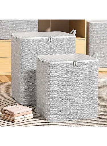 Fabric Storage Bins, 2 Pcs Foldable Nonwoven Storage Bags with Zipper and Handles for Clothing Blanket Bedding, Large Capacity Washable Clothes Storage Box for Closet Wardrobe (Grey, 110L)
