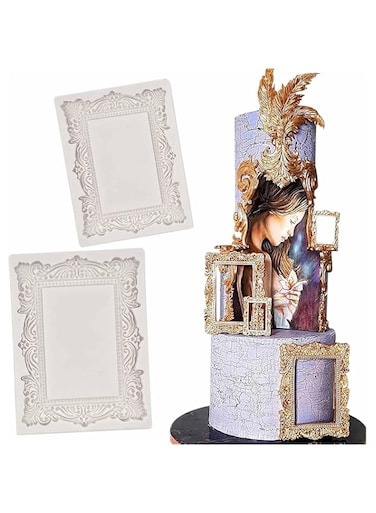 Tazweeq Baroque Picture Frame Fondant Molds, 2-piece Cake Decorating Silicone Moulds for Candy Chocolate, Sugar Craft Pastes, Cupcakes, Wedding Sets