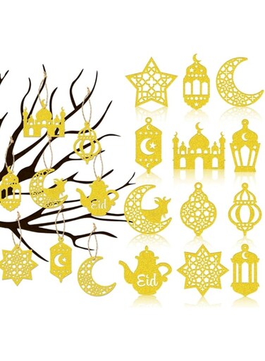 12Pcs Pendant Eid Ramadan Decorations for Home, Ramadan Decorations, Eid Mubarak Hanging Moon Star Lanterns Castle Shape Ornaments Eid Al Adha Decoration，Wall/Room/Tree/Door Gold Glitter Ramadan Decor