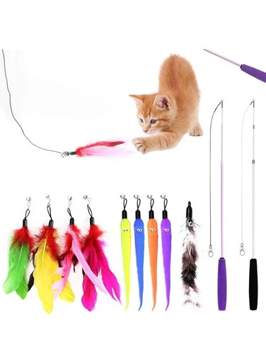BonGu Cat Toys, 2PCS Retractable Cat Feather Toys, 9PCS Replacement Teaser Refill, Funny Cat Fishing Pole Toy Interactive Kitten Toys for Indoor Cat Chase Make Exercise