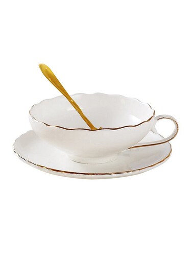 Ceramic Tableware Gold Spoon &amp; Coffee Cup With Saucer Set White 230ml