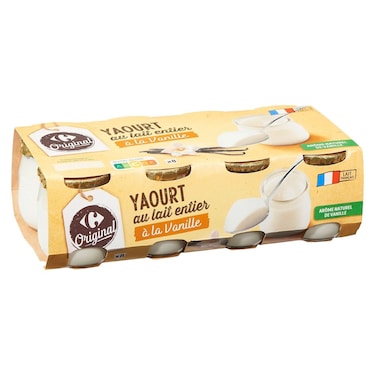 Carrefour Original Whole Milk Vanilla Yogurt in Glass Jars, 125g, Pack of 8