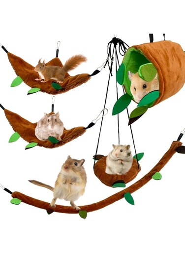 TERRIFI 5 Pcs Hamster Hammock Set, Forest Pattern Hanging Bed, Leaf Tunnel and Swing, Cage Accessories for Small Animals, Sugar Glider, Squirrel, Hamster Playing and Sleeping