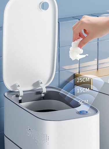 Touchless Motion Sensor Trash Can, 3.8&acirc;&euro;&macr;Gallon Slim Automatic Bin with Vacuum Suction, Quiet&acirc;&euro;&lsquo;Close Lid &amp; Odor Seal, Waterproof Hands&acirc;&euro;&lsquo;Free Waste Container for Bathroom, Bedroom &amp; Office - Dual Power via USB-C or AA Batteries