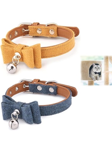 Joyzzz Cat Collars, 2 PCS S Code 22-28cm Adjustable Cloth Pet Collar, Safety Buckle Kitten Collar, Safe and Durable Comfortable D Ring Cat Collar with Bells and Bows for Domestic Kitten Small Dogs
