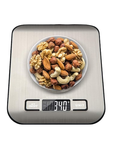 Digital Food Scale, High Precision Kitchen Scale, Measures in Grams and Ounces for Cooking and Baking, 5 Units with Tare Function, Stainless Surface, Rechargeable - Silver