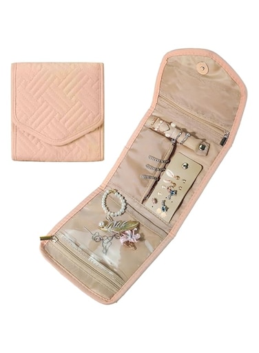 TORMEN Travel Jewelry Organizer Case, Foldable Jewelry Roll for Women, Compact &amp; Lightweight Storage for Rings, Necklaces, Earrings Bracelets, （Soft Pink）