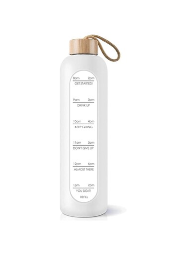 Joyzzz Glass Water Bottle, 1000ml Borosilicate Glass Water Bottle with Time Marker, Leak Proof BPA Free Motivational Water Bottle with Silicone Sleeve and Bamboo Lid for Outdoors, Sports (White)