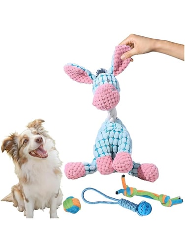 OCTOS 4-Piece Dog Toys Set: Durable, Non-Toxic Plush Squeaky Interactive Chew Toys for Large and Small Dogs &ndash; Great Playtime Set for Dental Health and Entertainment (Donkey-Blue)