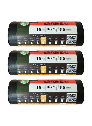 Green Choice Biodegradable Black Garbage Bags 55 Gallons (80 x 110 cm) &acirc;&euro;&ldquo; Medium Heavy Duty Trash Bags, Leak Resistant Bin Liners &acirc;&euro;&ldquo; 15 Bags per Pack, Pack of 3 (45 Bags Total)