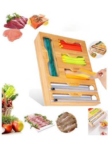 6 In 1 Wrap Dispenser with Cutter,Ziplock Bag Organizer,Plastic Bamboo Foil Cutters,Parchment and Wax Paper Organizer for Kitchen Drawer,Bamboo Roll Organizer Holder, Wall Mount Holder