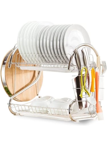 Dubai Gallery 2 Tier Dish Drying Rack With Removable Drain Board Silver/White 41.50 X 14.00 X 25.50Cm