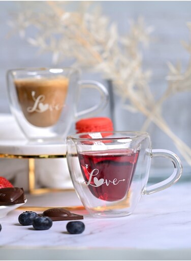 Set of 2- 180ML Borosilicate Double Wall Heart Shaped "Love" Printed Glass With Handle, Perfect for Valentine's Day Gifting, Couples, Anniversaries &amp; Special Occasions