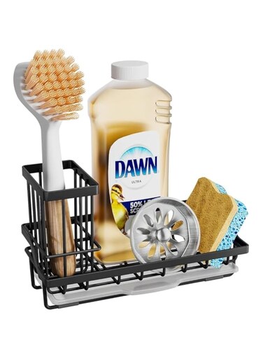 HOUSLET Sink Caddy, Kitchen Sponge Holder + Dish Brush Holder for Kitchen Sink, Sink Organizer with Drip Tray for Countertop, Stainless Steel Rustproof