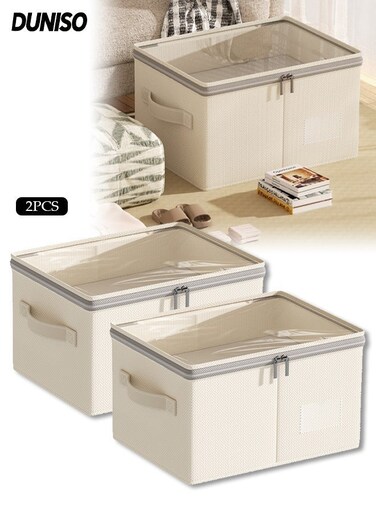 2 PCS Wardrobe Storage Organiser,Drawer Organizer with Lid and Zip,Foldable Closet Storage Boxes,with Clear Window,Moisture and Dust Resistant, Sturdy and Durable,for Clothing Jeans Blankets Toys Home Bedroom Office,40*30*20CM