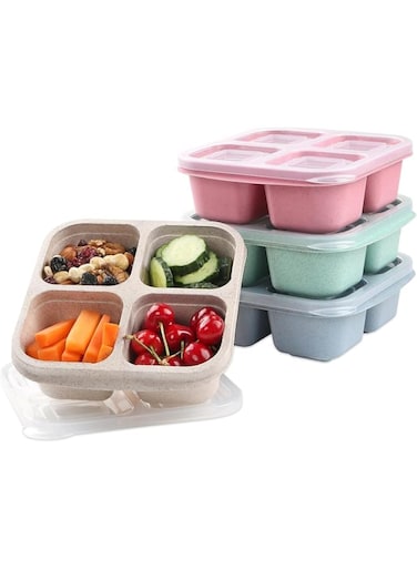 Lomeshow 4 Pack Snack Containers, 4 Compartments Bento Snack Box, Reusable Meal Prep Lunch Containers for Kids Adults, Divided Food Storage Containers for School Work Travel