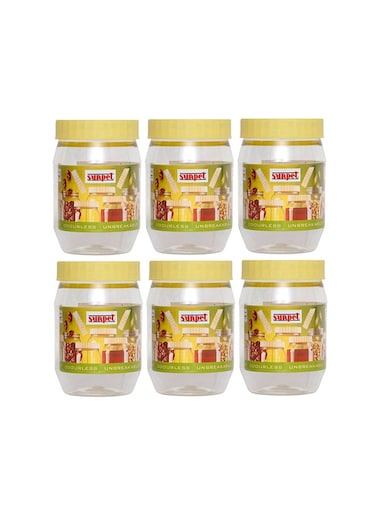 6-Piece Multipurpose Plastic Jar Container With Lid Set Clear/Yellow 300ml