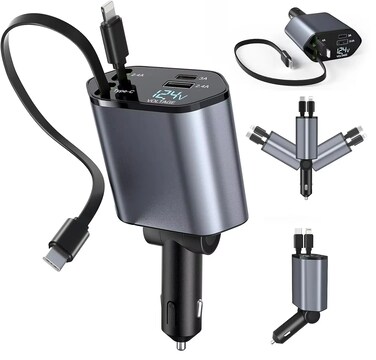 4-in-1 Retractable Car Charger &ndash; 60W Fast Charging, USB Type-C, Multi-Device, Fireproof ABS