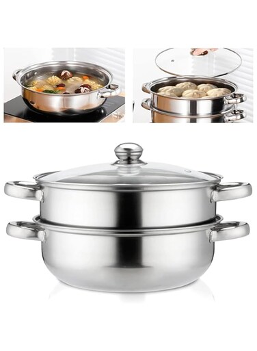 ACHAS 2-Tier Stainless Steel Steamer, 2-Layer Stack and Steam Pot Set with Glass Lid, Double Boiler Steaming Cookware, Stainless Steel Pot for Kitcken Cooking