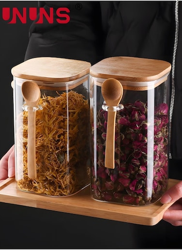 Glass Jar Set,Glass Food Container With Lids And Spoon,1200ML Food Storage Containers,Set Of 2